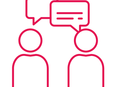 Two figures standing with speech bubbles talking to each other.