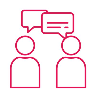 Two figures standing with speech bubbles talking to each other.